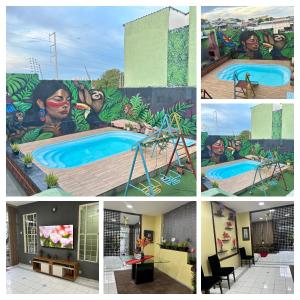 a collage of photos with a painting of a pool at Espaço festa Angini in Manaus