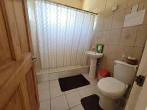 a small bathroom with a toilet and a shower at A Serene Get Away in Vieux Fort +16 photos