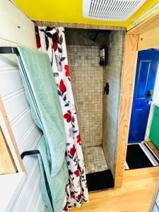a bathroom with a shower with a shower curtain at Tiny House Farm Stay Pets Welcome in Battle Ground