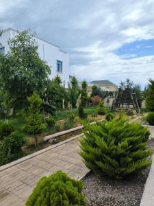 a garden with bushes and trees and a building at Billa Sea breeze in Baku