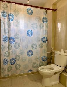 a bathroom with a toilet and a shower curtain at Akogo House - BnB , Hostel, Backpackers & Volunteer Center in Mombasa
