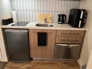 a small kitchen with a sink and a dishwasher at Studio 18 Cardrona in Cardrona +6 photos