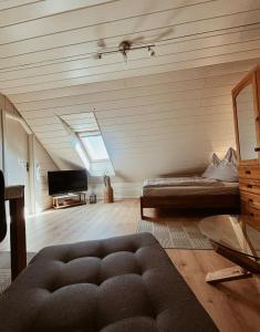 a large living room with a couch and a television at Appartment, Ferienwohnung auf Fehmarn in Fehmarn