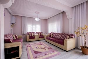 a living room with two couches and a fireplace at Ipek Esintisi House in Nevşehir
