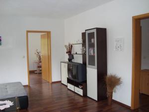 ein Wohnzimmer mit einem TV auf einem Stand in der Unterkunft Zollhaus in Bad Elster