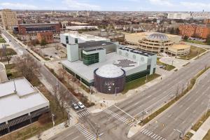 an aerial view of a city with a building at Walk to VA DMC 2BR 2 FULL Baths Midtown in Detroit