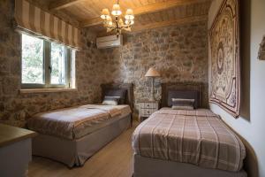 a bedroom with two beds and a chandelier at Villa with private pool and stunning sea view in Galaxidi