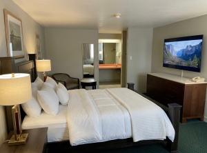 a hotel room with a bed and a television at St. Mary’s Motel in Saint Marys