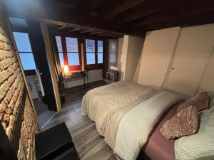 a bedroom with two beds in a room with windows at La petite maison de l'impasse in Liège