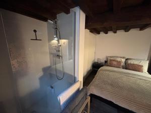 a bedroom with a shower next to a bed at La petite maison de l'impasse in Liège