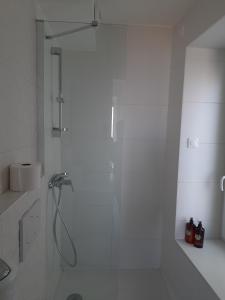 a white bathroom with a shower with a glass door at La parenthèse Lémantine - Studio 2 in Neuvecelle +12 photos