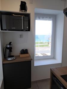 a kitchen with a microwave and a window at La parenthèse Lémantine - Studio 2 in Neuvecelle
