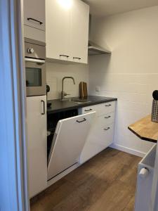 a kitchen with white cabinets and a sink at Parkzicht Zwanenburg in Zwanenburg