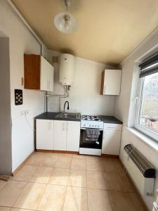 a small kitchen with white cabinets and a sink at Apartments center - Затишні апартаменти в центрі біля ЦУМа in Poltava +5 photos