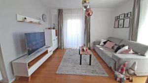 a living room with a couch and a flat screen tv at Rio Vita with garage parking in Rijeka