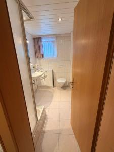 a bathroom with a toilet and a sink at Haus Brunelle in Damuls