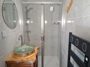 a bathroom with a shower and a glass sink at L'Isba in Saint-Appolinaire