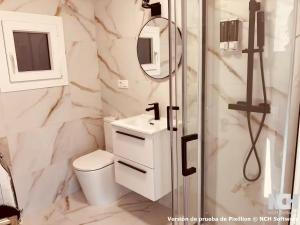 a bathroom with a shower and a toilet and a sink at Fuentes 8 in Soria