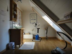 a attic room with a skylight and a vacuum at Le Tambourinet in Belvès