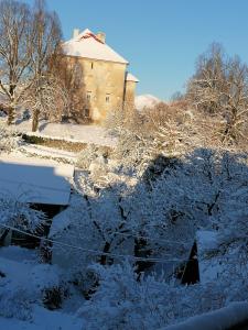 a building in a field covered in snow at Apartmaji Karbic in Postojna +13 photos