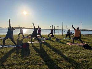 Eine Gruppe von Menschen, die Yoga auf dem Rasen machen in der Unterkunft le Québec in Arrigny