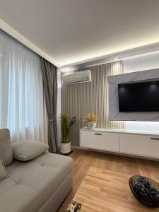 a living room with a couch and a flat screen tv at Abla's sweet home in Tirana