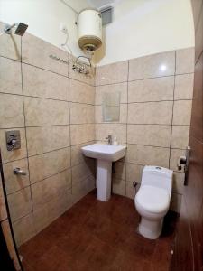 a bathroom with a toilet and a sink at WoodsPicker in Rishīkesh