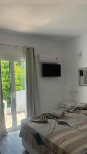 a bedroom with a bed and a television on the wall at Garden Villa in Karpathos