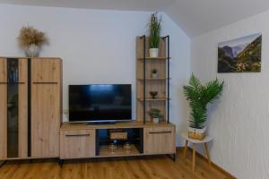 a living room with a television on a wooden entertainment center at Ferienwohnung Werner Pucher OG in Altaussee