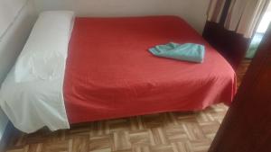 a bed with a red blanket and a green pillow on it at Rooms Melide in Melide