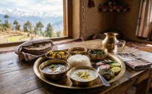 a table with bowls of food on a table with a window at Peace Forest Retreat in Gopeshwar