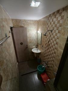 a small bathroom with a sink and a toilet at Salas Executive in Mahabaleshwar