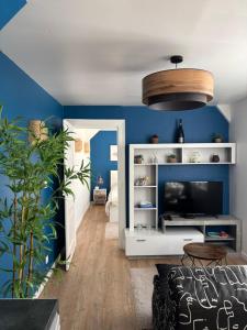 a living room with blue walls and a television at Le Grand Bleu in Troyes