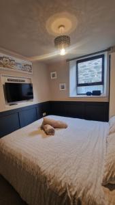 a bedroom with a large bed and a window at Penbryn Holidays No 2 in Barmouth