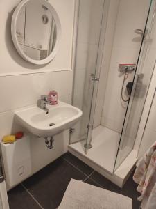 a bathroom with a shower and a sink and a mirror at Appartement in Hannover +23 photos