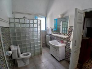 a bathroom with a toilet and a sink and a mirror at Raf Guest House in Sidi Bou Saïd
