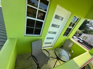 ein grünes Zimmer mit zwei Stühlen und zwei Fenstern in der Unterkunft Glenmon Studio in Saint Johnʼs