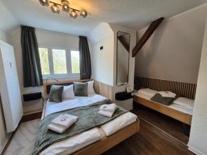 a bedroom with two beds and a mirror at Seehaus Miersdorf in Zeuthen
