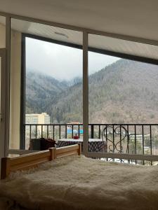 a bedroom with a large window with a mountain view at ksenia apartment in Borjomi