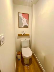 a bathroom with a toilet with a picture on the wall at Coconing Plage Pléneuf Val André in Pléneuf-Val-André