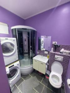 a purple bathroom with a toilet and a washing machine at Apartment Alex in Rijeka +35 photos