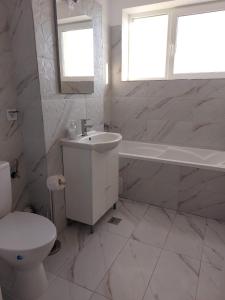 a white bathroom with a sink and a toilet at Romanescu Parc Apartment in Craiova