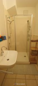 a bathroom with a shower and a white sink at Ferienwohnung Klaus in Warngau