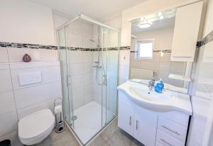 a bathroom with a shower and a sink and a toilet at Gasthaus und Hotel Peterhänsel in Spechtsbrunn +14 photos