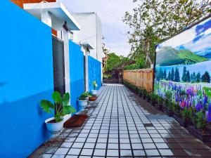 a street with blue walls and potted plants at Joy Pool House in Kuta