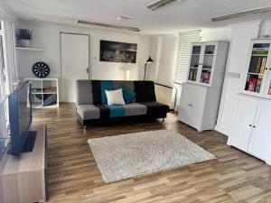 a living room with a couch and a television at The pool house in Bedford