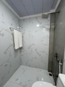 a white bathroom with a shower and a toilet at Rihiveli Palace in Maamigili +6 photos