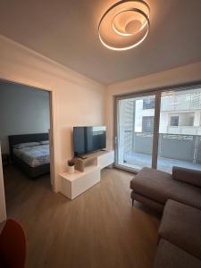 ein Wohnzimmer mit Flachbildfernseher und Sofa in der Unterkunft Casa Delmo Comfort, eleganza e posizione strategica nel cuore della Valtellina in Sondrio