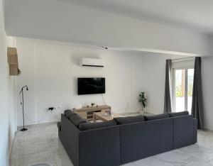 a living room with a couch and a tv on a wall at Casa Platania in Eleoúsa