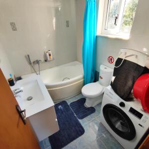 a bathroom with a toilet and a sink and a tub at Nature House Vlatos in Vlátos